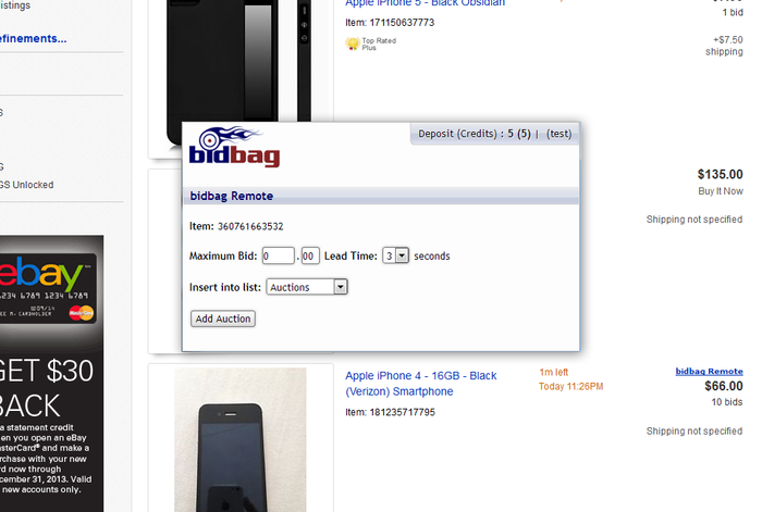 Remote tool bidbag auction bid sniper for eBay