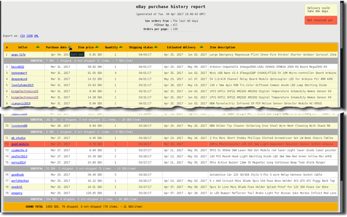 eBay purchase history report