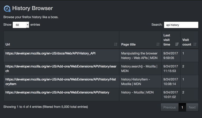 webextensions History Browser