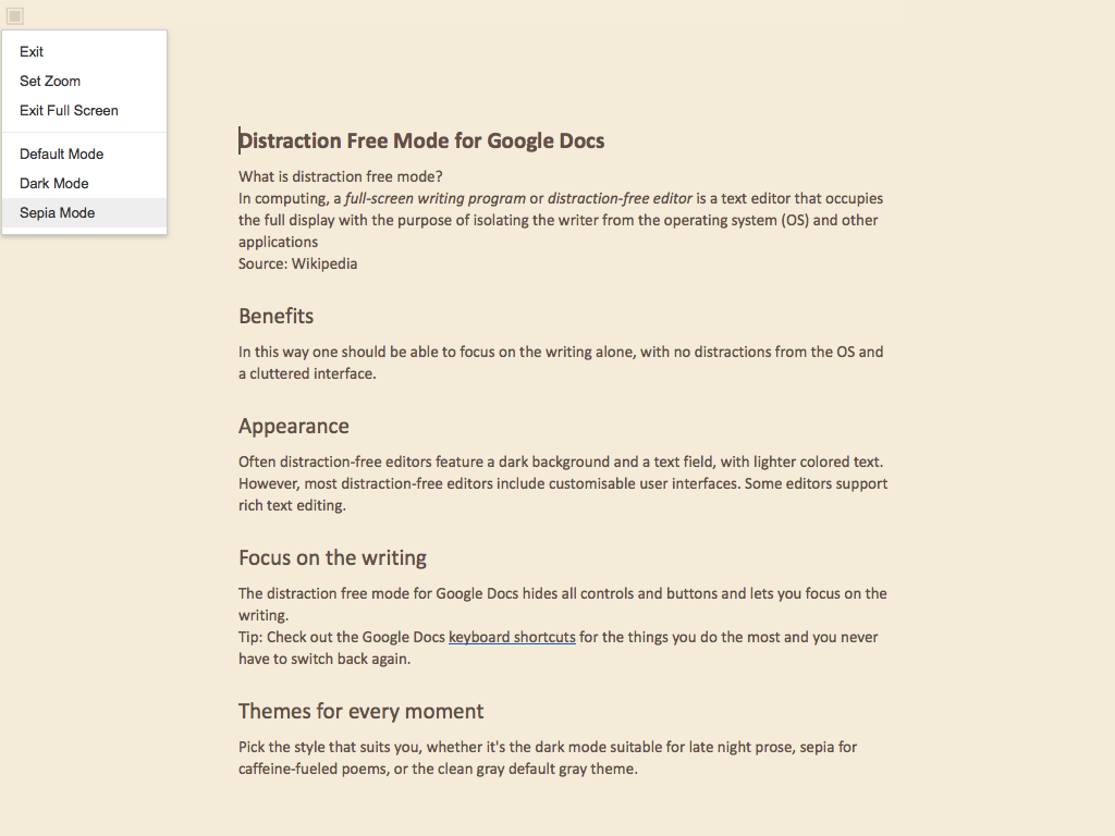 Distraction Free Mode for Google Docs