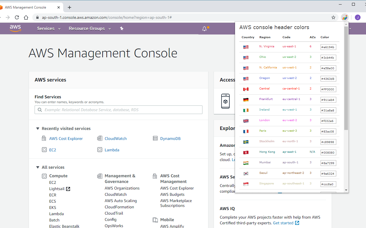 AWS console regions color