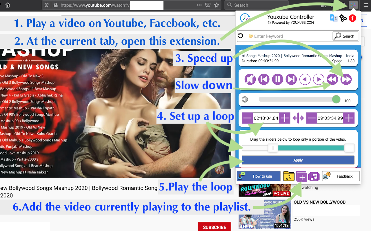 Youtube repeat, speed up HTML5 video