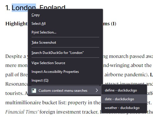 Custom context menu searches