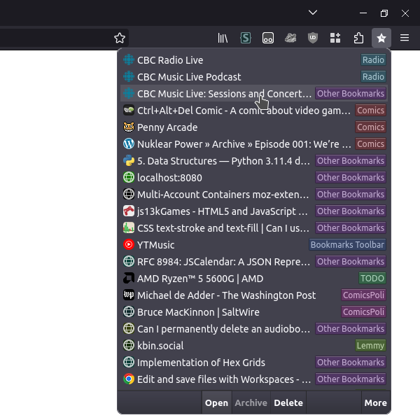 Recent Bookmarks Popup