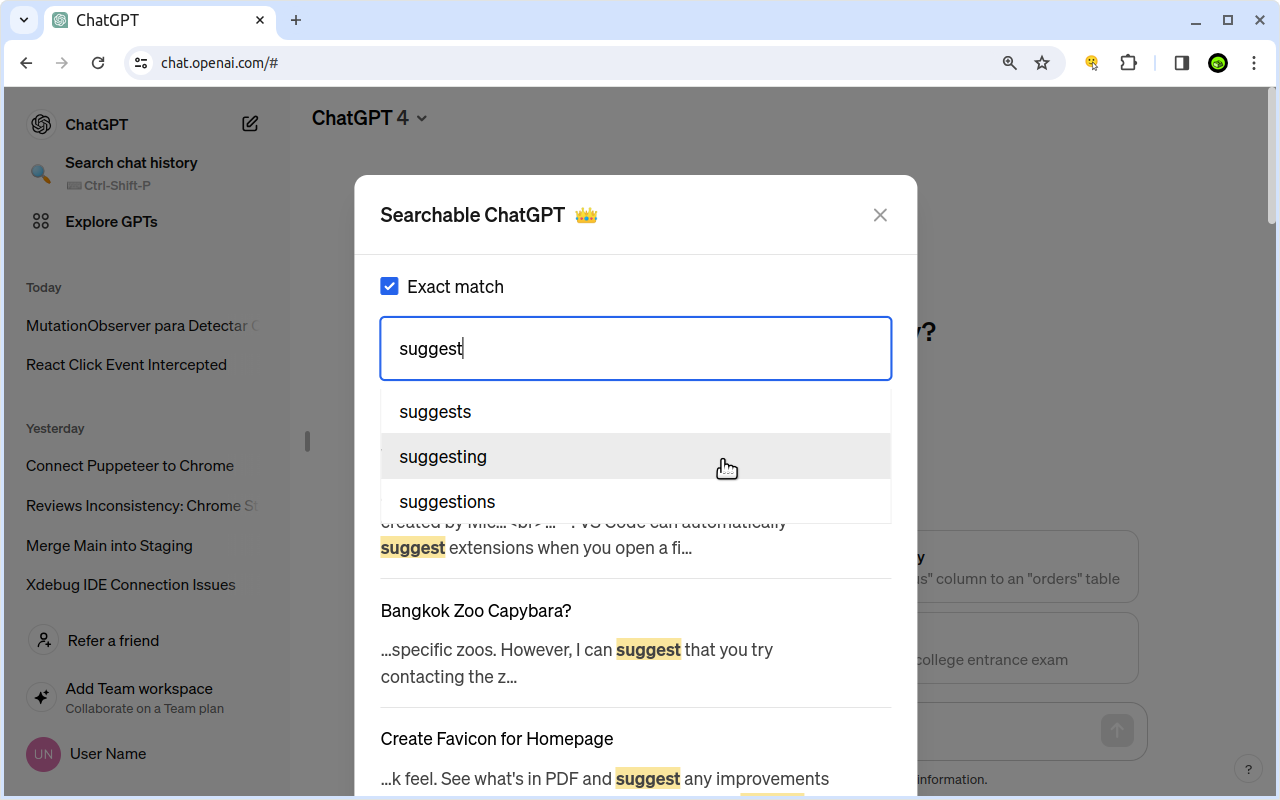 Searchable ChatGPT: search chat history