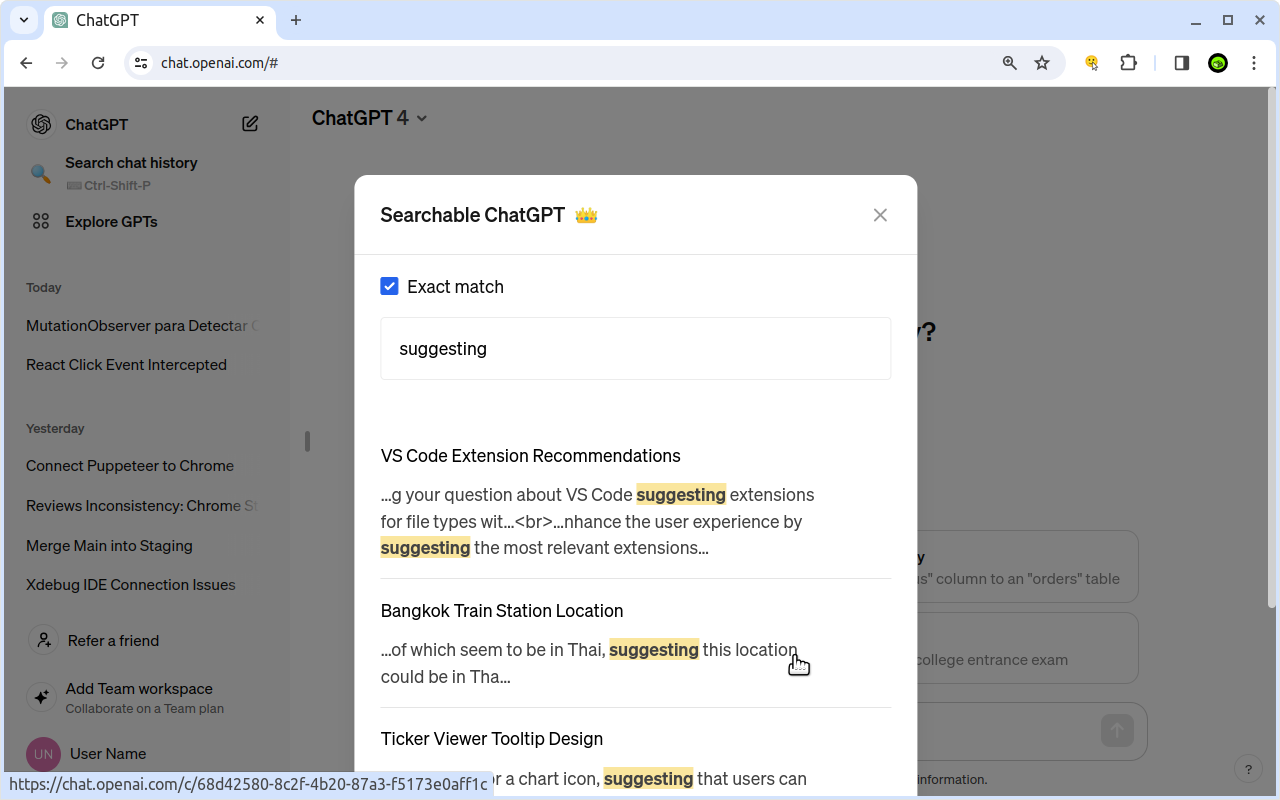 Searchable ChatGPT: search chat history