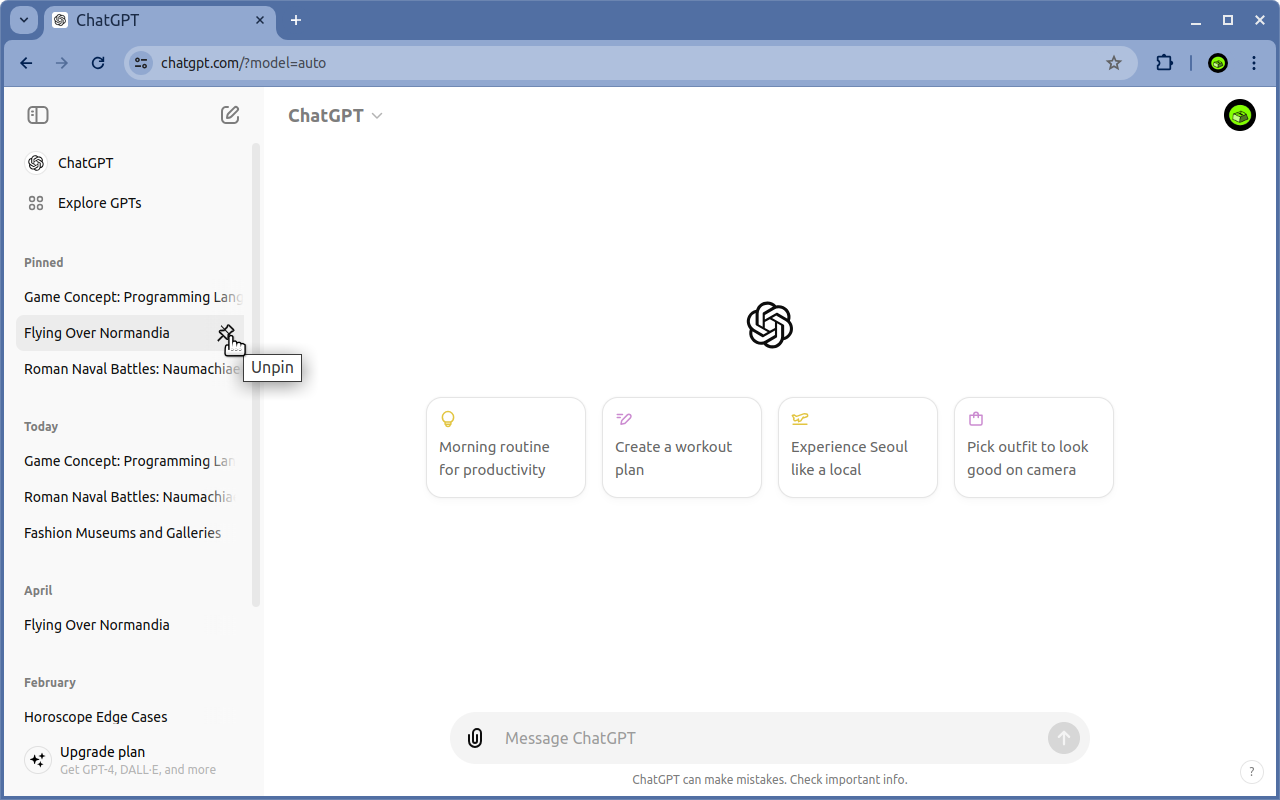 Pinnable ChatGPT: pin GPT chats in sidebar