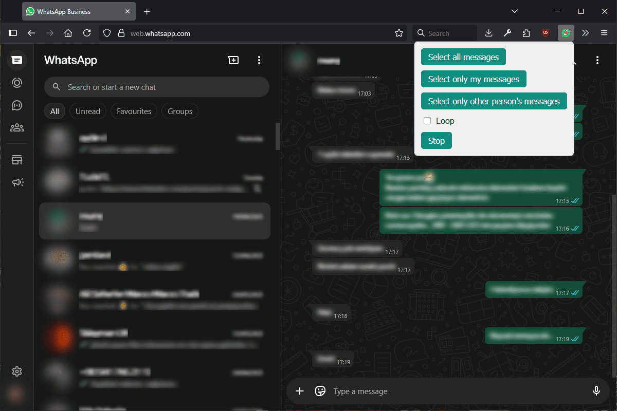 Icône de l'extension Firefox avec fenêtre contextuelle ouverte, affichant les options de sélection de messages pour WhatsApp Web.
