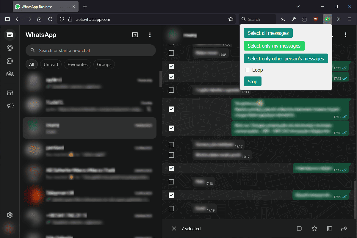 Interface de discussion WhatsApp Web montrant la fonctionnalité Sélectionner uniquement mes messages active, mettant en évidence 7 messages de l'utilisateur pour une sélection facile.