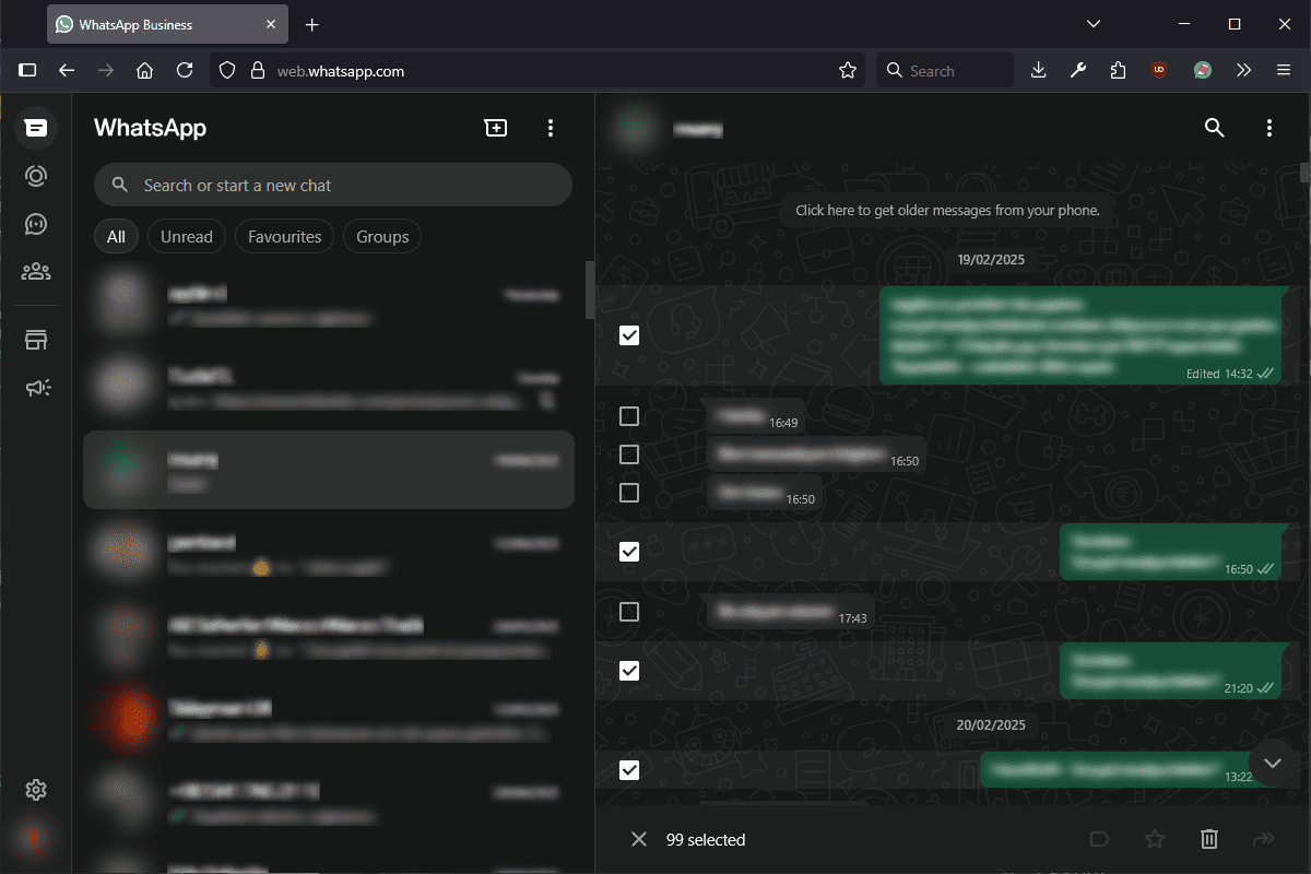 Fenêtre de discussion WhatsApp Web avec la fonction Boucle, sélectionnant automatiquement tous les messages après le défilement pour charger les anciens messages.