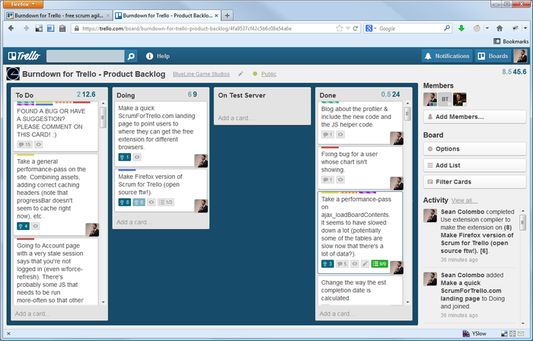 Example of ScrumForTrello in use. Notice the blue/green numbers on some of the cards. The darker numbers are the estimates and the lighter numbers are time-spent.  Also, note the the totals at the top of each List, and in the top-right corner of the board.