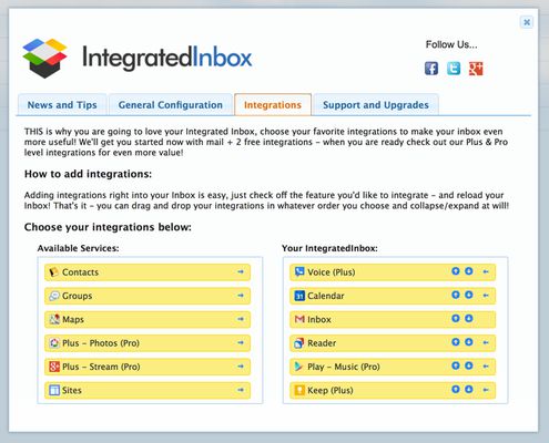 Choose from a wide selection of apps and services -- we call them Integrations!   Free users can choose 2 apps to integrate, or upgrade to Plus or Pro for more!   Less than $5 per month for unlimited integrations.