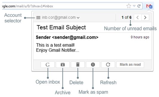 Email preview panel. Mark as read, report spam, delete emails right from Firefox toolba