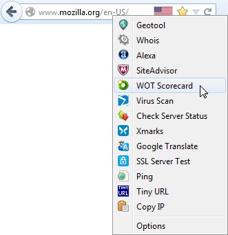 Flagfox shows a flag icon in the location bar indicating the physical location of the current website's server. The right-click menu provides a customizable list of helpful actions to look up information about the page, server, or organization.