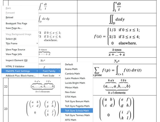 MathML Font Settings Screenshot of the torture test with font-family: TeX Gyre Schola