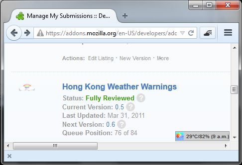 New UI and code for Firefox 29 and up, including an addon button to launch Hong Kong Observatory website in a pop-up panel and display current weather summary at the lower right corner of the web-page your are viewing.