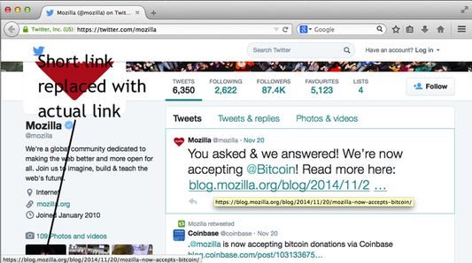 Twitter shortened link t.co replaced with original link