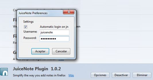 JuiceNote Plugin choose to automatically login on juicenote so you dont have to write your user and password every time.