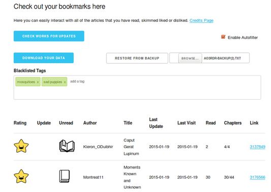 Add blacklisted tags, import/export your data and preferences, easily navigate all your bookmarks with a sortable table, and crawl works for updates.