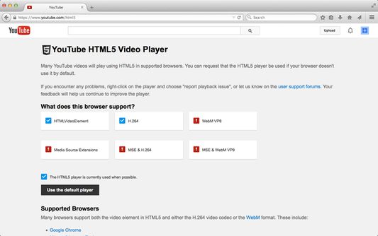 YouTube codec support page with h264ify enabled. Currently, MSE is not supported by Firefox. When MSE support arrives, h264ify will also block VP9.