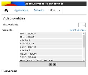 Video DownloadHelper quality variants settings