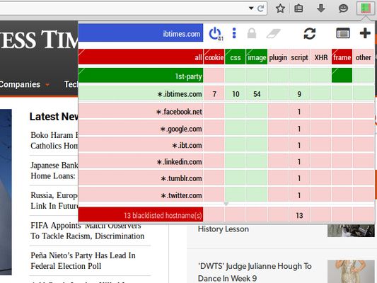 Point and click to allow/block narrow or broad classes of network requests. Click the "all" cell to toggle the whole matrix between allow and block.