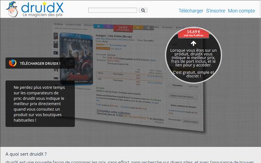 druidX vous informe discrètement sur les pages produits de vos boutiques habituelles, si vous pouvez trouver moins cher ailleurs, et à quel prix.