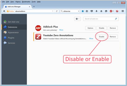 To Disable or Enable the Extension. Goto  > Tools Menu > Options > Extensions > Select Youtube Zero Annotations > Click on "Disable" or "Enable" Button!