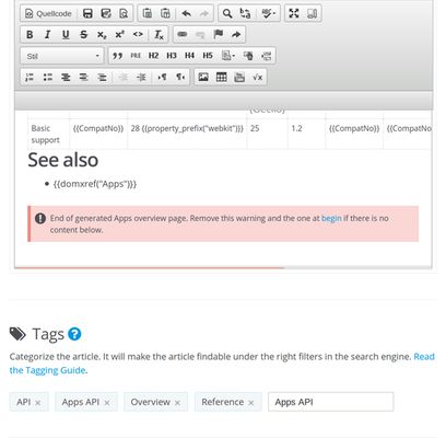 After clicking a [Create/add ..] button a new tab opens with the MDN Editor open on the corresponding page.

Old content is below the newly added one.

Appropriate page tags have been added.

Review and save.