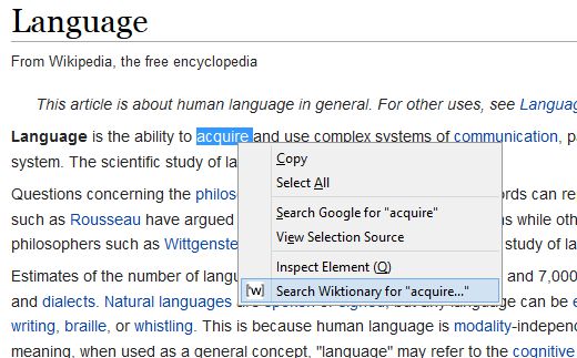 Context menu option to look up word definition on Wiktionary.