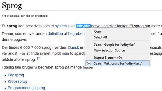 Context menu entry to translate word on Wiktionary.