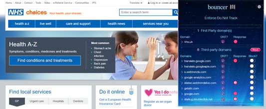 Bouncer showing third-party trackers on NHS UK website