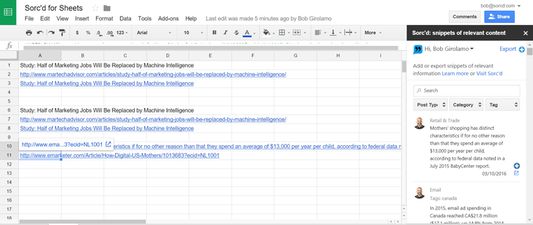 All of the great content you find online available directly in google Docs and sheets with the Sorc'd add-on