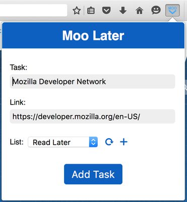 Adding tasks is easy, the task description and url are filled in automatically. Click the `plus` icon to create a new list or the `refresh` icon to update the lists from your account..