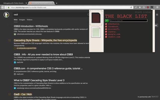 The black list contains w3schools.  It is the first result listed, and it is blurred out.