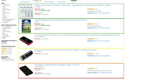 Example of Amazon search results after clicking on the addon button.