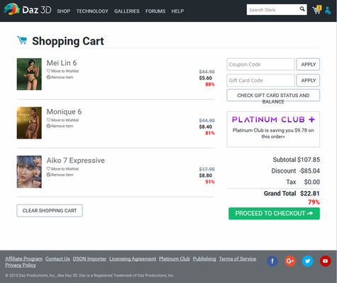 Example shopping cart showing calculated discounts on each item and for the entire cart.