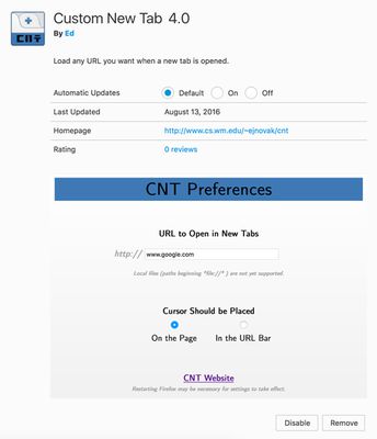 The CNT preferences page.