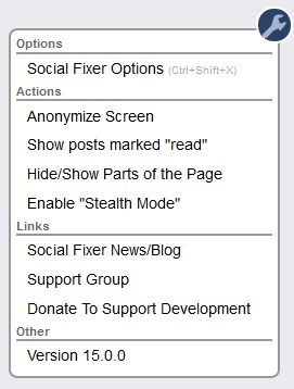 The wrench menu is where you'll find all the features of Social Fixer