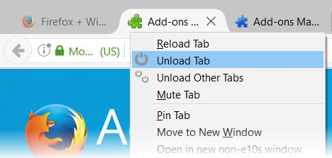 Added entries to the tabs context menu.
The grayed out tab on the left is unloaded.