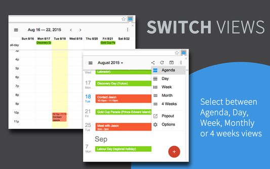 Switch views between agenda, day, week or month.