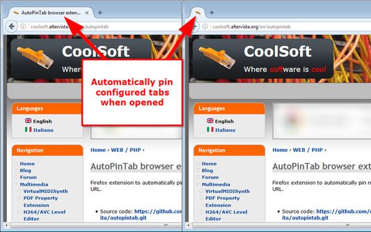 If a tab URL satisfies one of the configured patterns it is automatically pinned when opened.