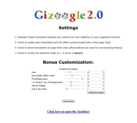 Gizoogle 2.0 Settings, includin transizlation customization.