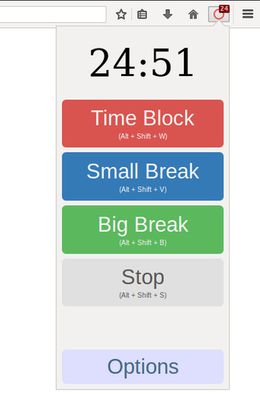 The Time Block timer is running with 24 minutes and 51 seconds left, you can see it's in red both in the menu and the badge on the icon. You can also see the keyboard shortcuts for each of the timers and the stop funciton