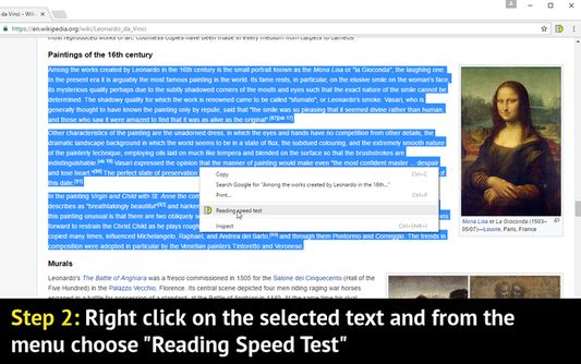 Step 2: Right click on the selected text and from the menu choose "Reading Speed Test"