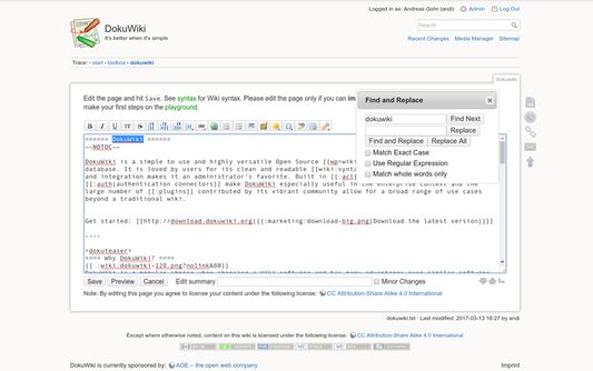 The Find and Replace dialog on the official DokuWiki page where the plugin is not installed.