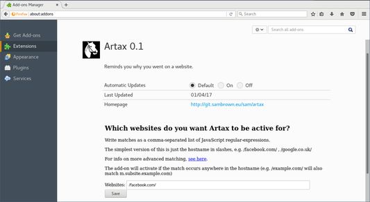 The sites Artax will be active on can be set in the Add-on's preferences.