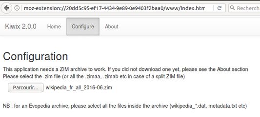 Configuration section, where you need to select the ZIM file you downloaded separately