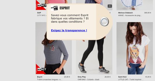 An example of achACT tags appearing on Zalando about Esprit not fully respecting transparency about working conditions.
When you approach your mouse from the red tag, an overlay tag appears raising the relevant information.