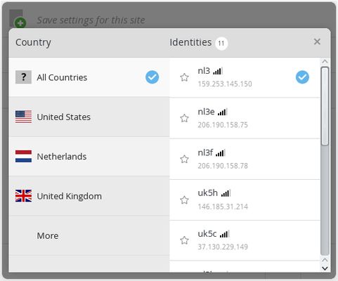 The country list, which is opened when clicking on the current identity.